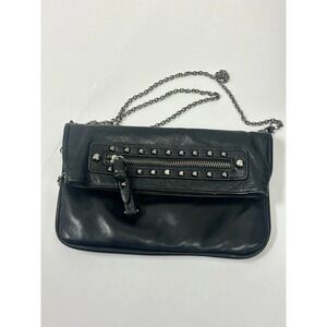 SABINA NEW YORK Black Leather Studded Foldover Flap Purse W/Chain StrapY2K